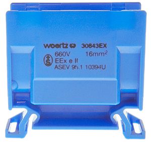 Borne de dérivation Woertz Ex 6…16mm² 76A 750V vis 2×1 rail DIN 35mm bleu