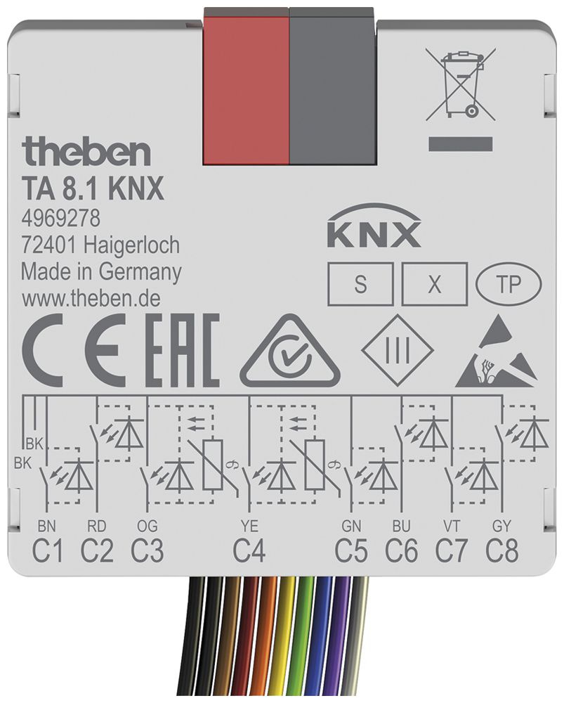 Module entrée/sortie KNX INC Theben TA 8.1 8-canal 5VUC 38×37.3×12.4mm