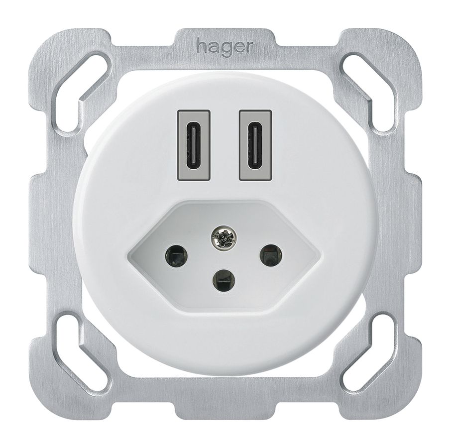 Prise de charge USB ENC Hager basico C-C 20W+T13 5V 77×77mm blanc