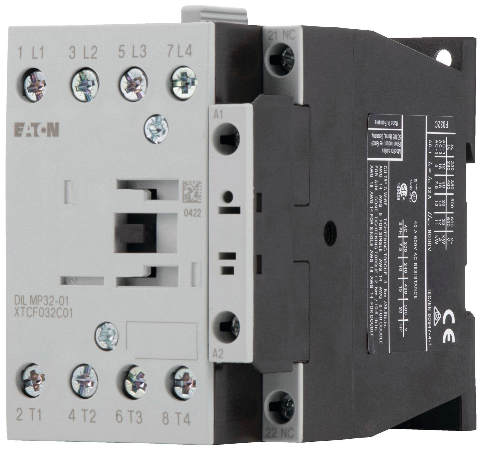 Leistungsschütz Eaton DILMP32-01 230V AC 4NO 32A 18A 7.5kW 7kW 24…690V