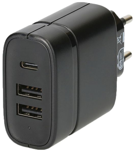 USB-Ladegerät MAX HAURI 2×A+1×C 15W 5VDC 3A T26 240VAC schwarz