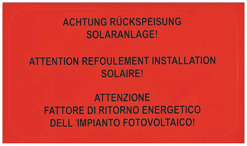 Etikette Plica EET UV HA DE/FR/IT: ACHTUNG RÜCKSPEISUNG SOLARANLAGE!