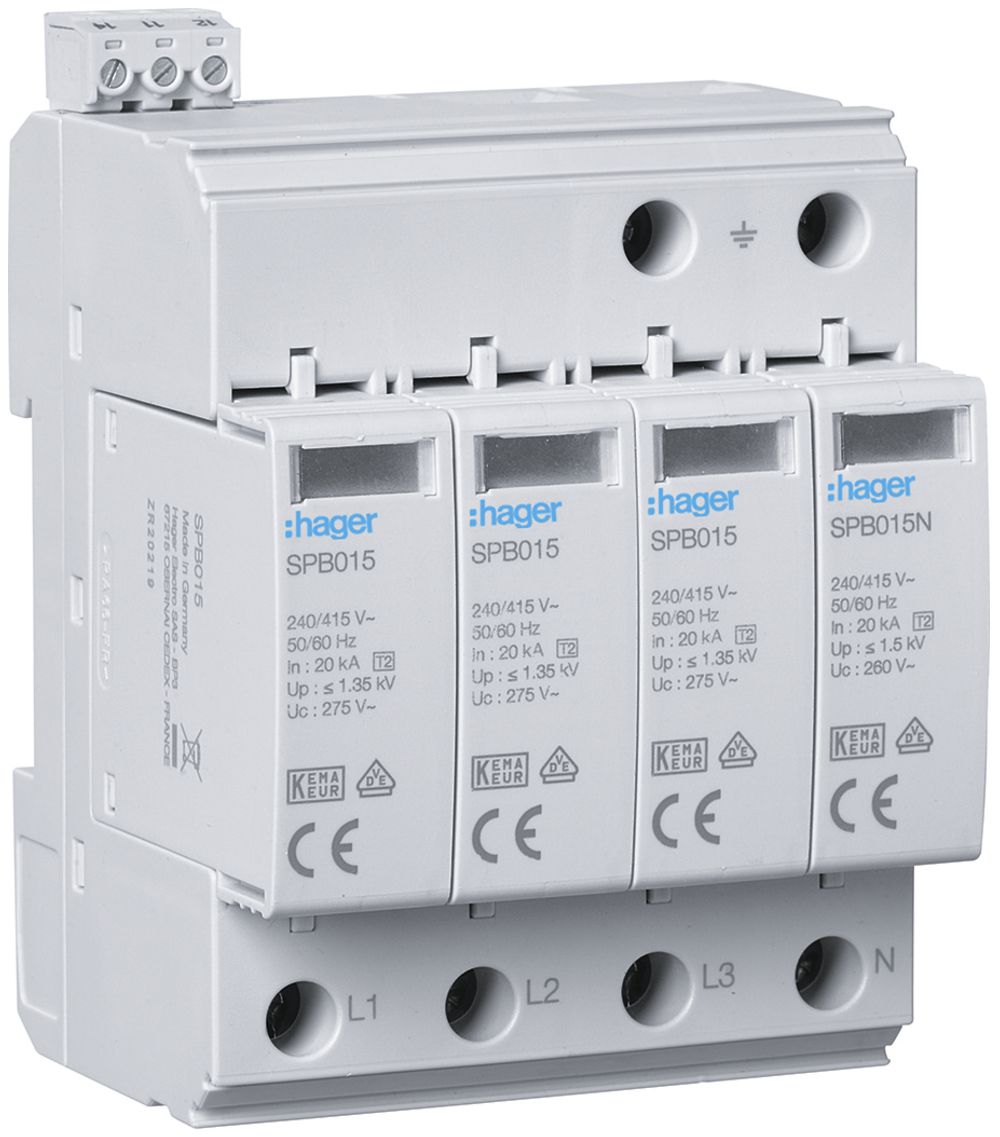 Überspannungsableiter Hager SPD 4P 20kA mit FM TN-S TT Imax 40kA Up 1.5kV 4TE