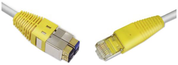 Patchkabel BKS NewLine, S/FTP, MMC/RJ45, 4×2, 1/10GbE, grau/gelb, 1m