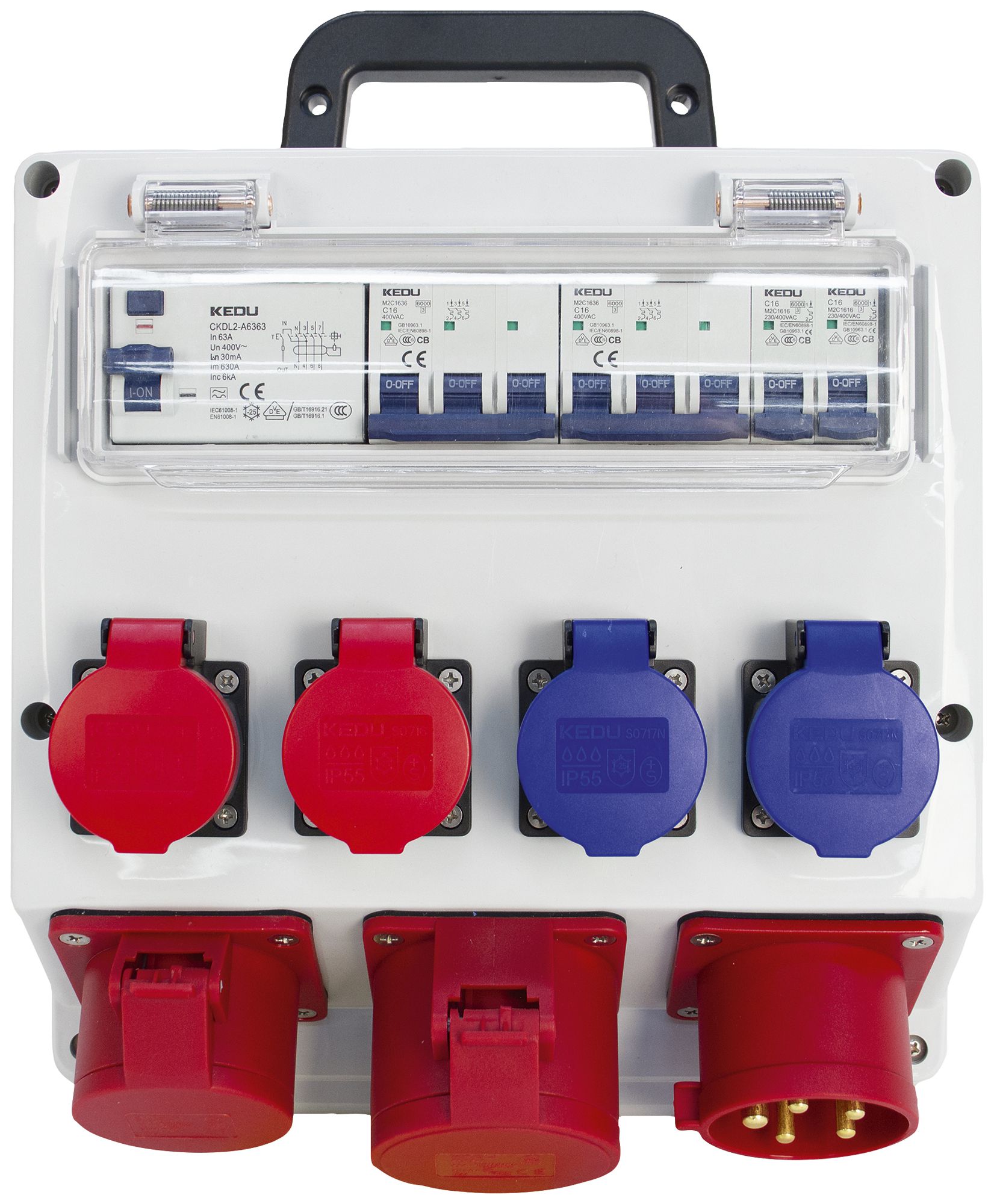 Stromverteiler Steffen 63A 2×T23 2×T25 1×CEE16 1×CEE32 mit FI IP55
