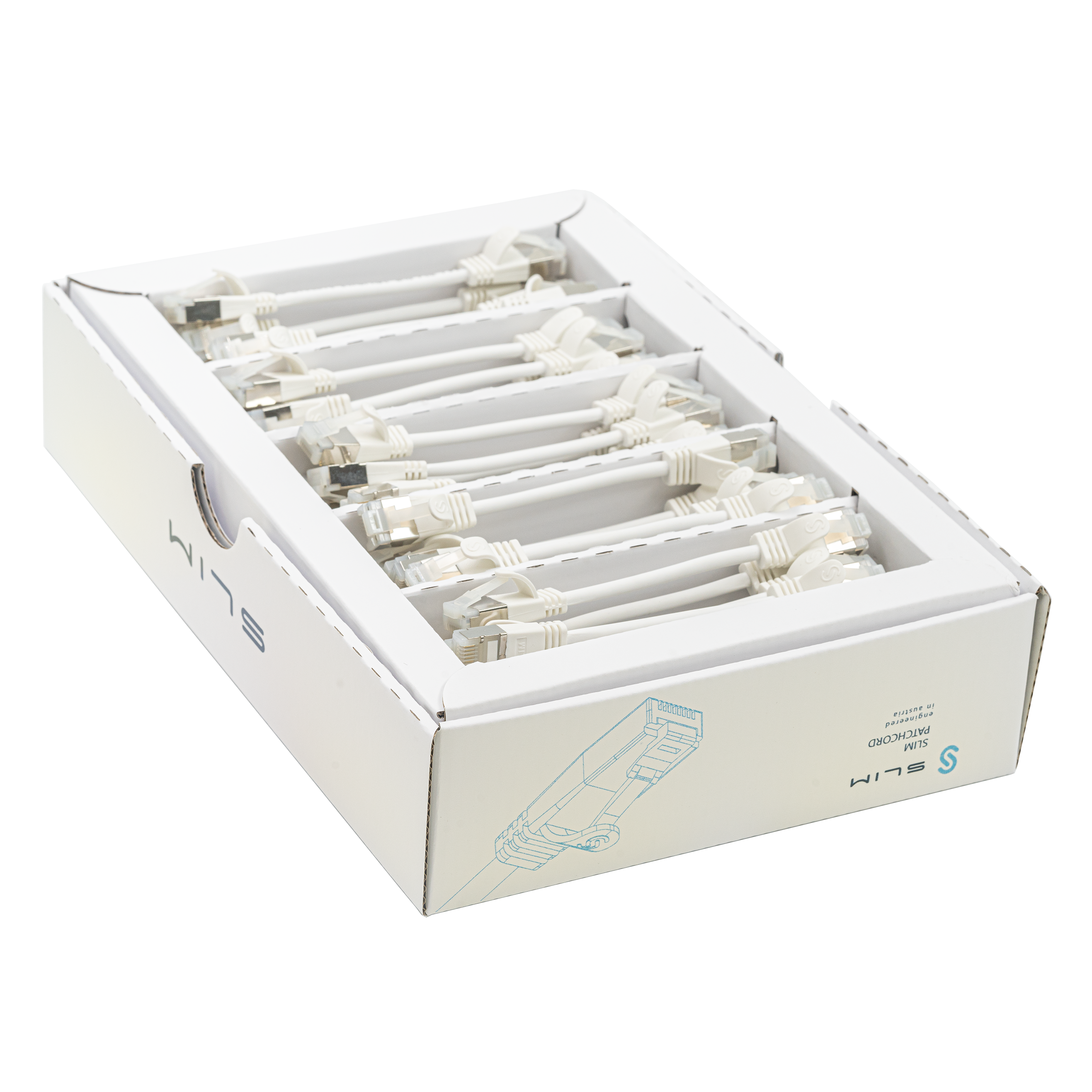 Cavo patch SLIM: 10cm, bianco, 50 pezzi Cat.6A, U/FTP, jack non infrangibile