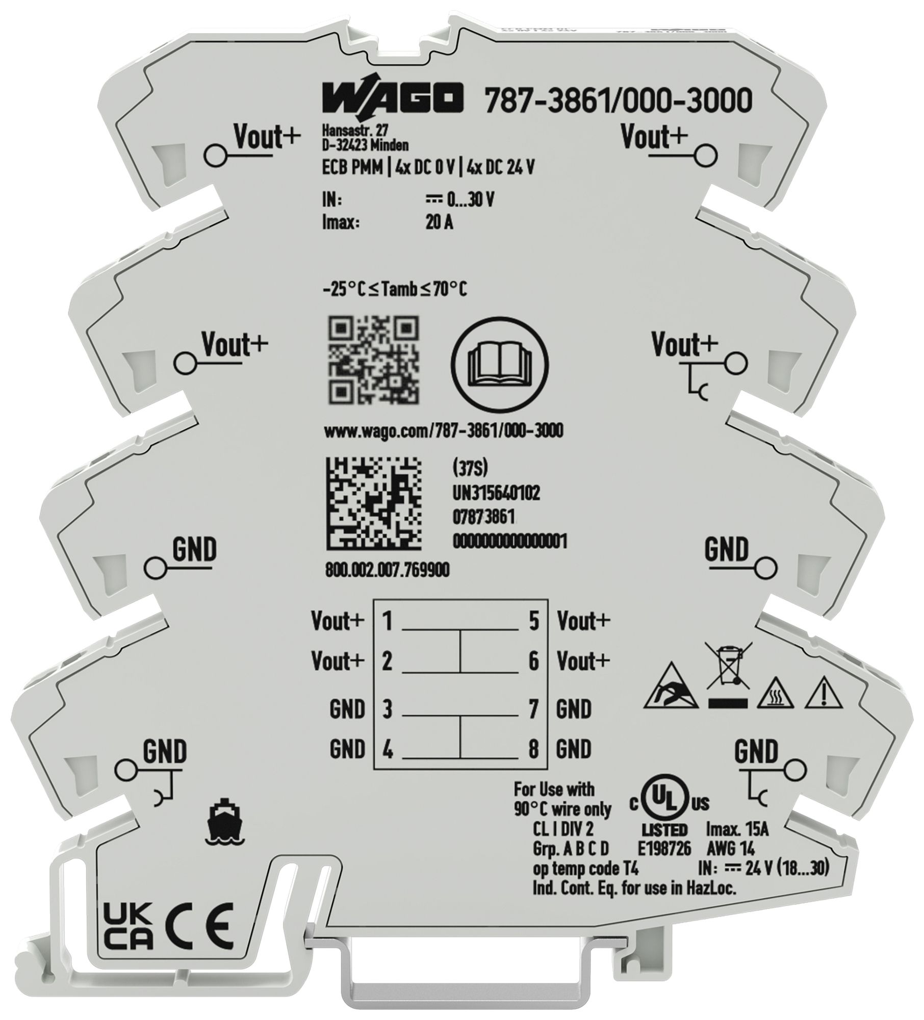 Distributore di potenziale WAGO guida DIN 35 mm 4P 24V 20A