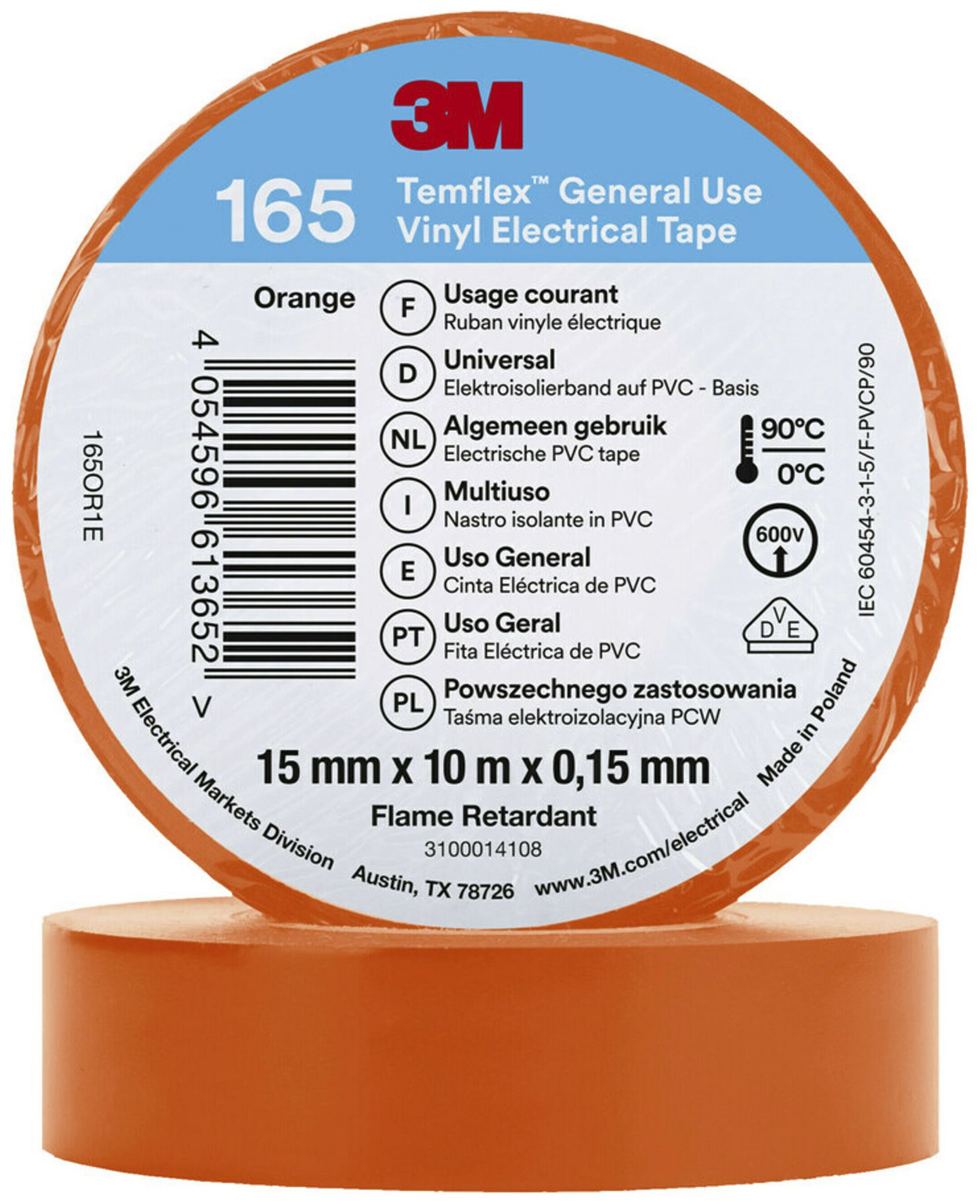 Ruban isolant 3M Temflex 165 15mm×10m×0.15mm orange VDE 600V 0…90°C