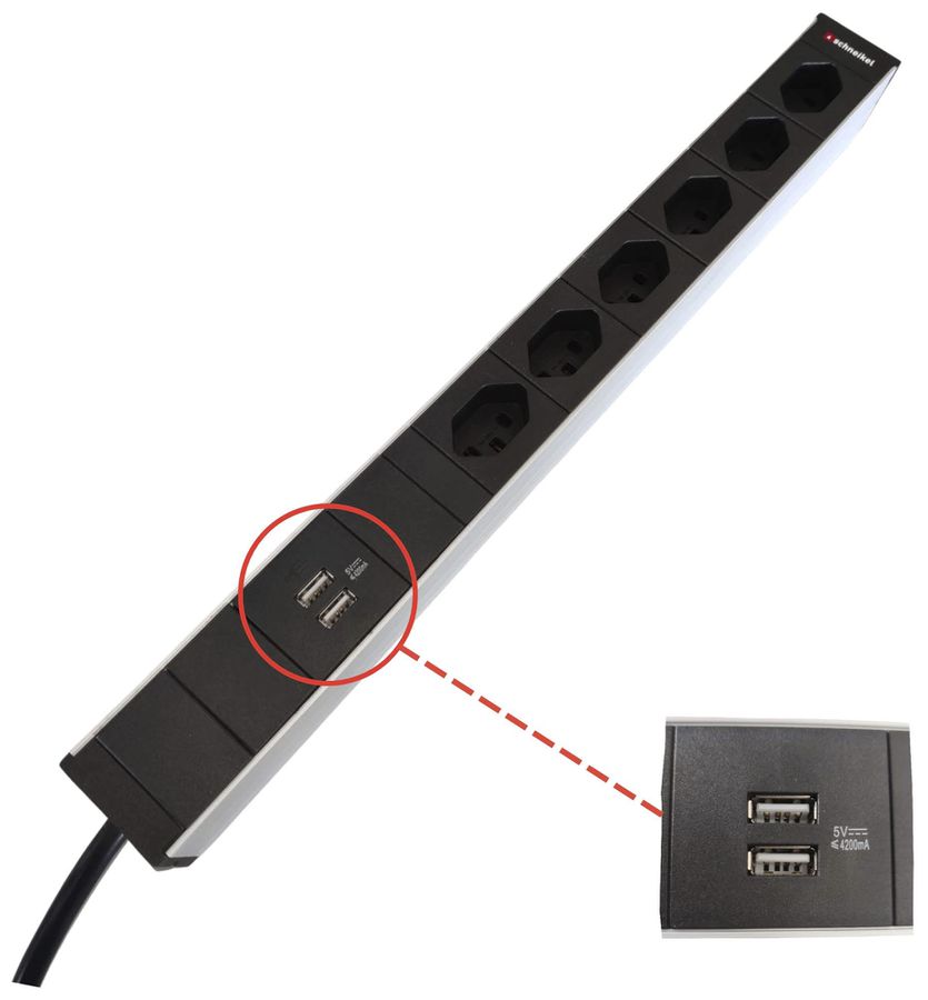 Presa multipla 19" 1UA 6×T23/2×USB-A, Td3×1.5mm² 3m T23, nero