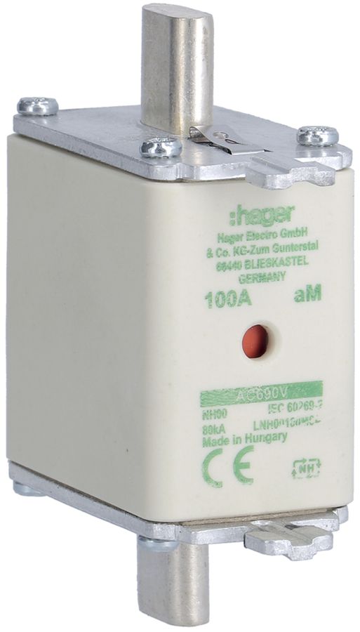 Fusible HPC Hager DIN00 690VAC 100A aM avertisseur double inoxydable