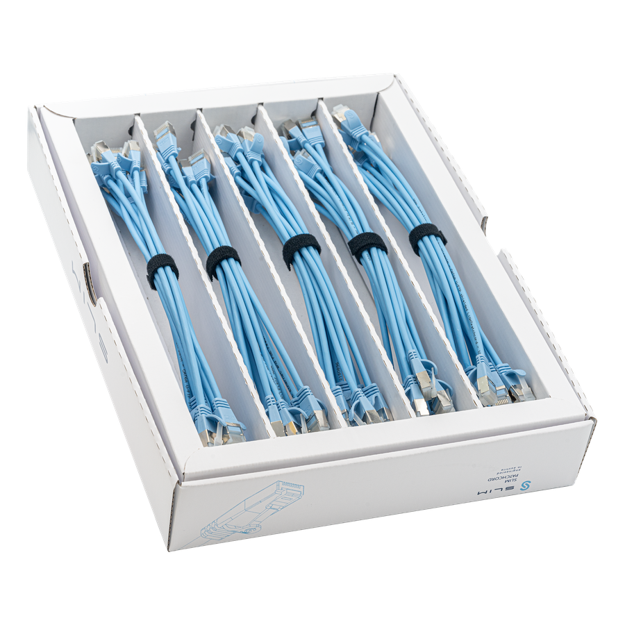 Cavo patch SLIM: 25cm, blu, 50 pezzi Cat.6A, U/FTP, jack non infrangibile
