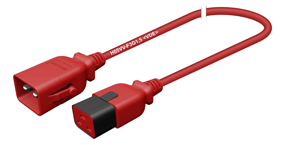 Apparatekabel 3×1.5mm² 1m rot Stecker C19/Buchse C20 verriegelt 250VAC 16A