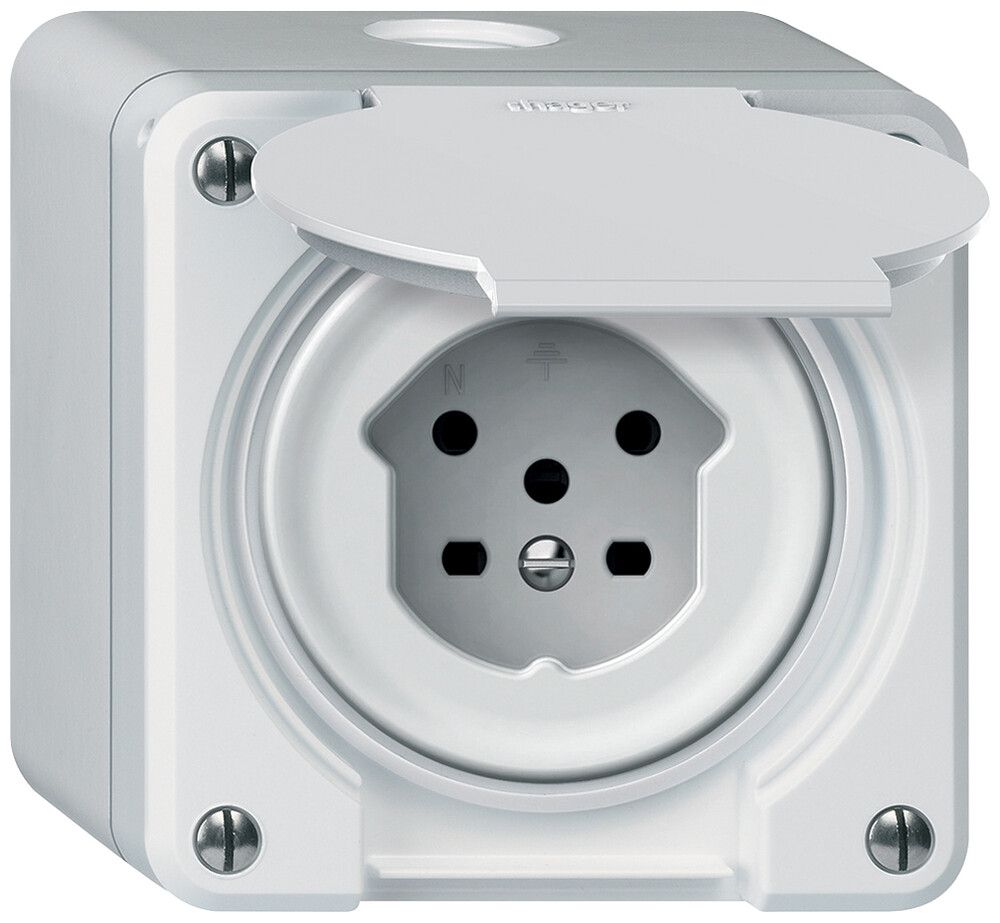 Presa AP robusto 1×T15 10A 400V 86×86mm IP21 bianco