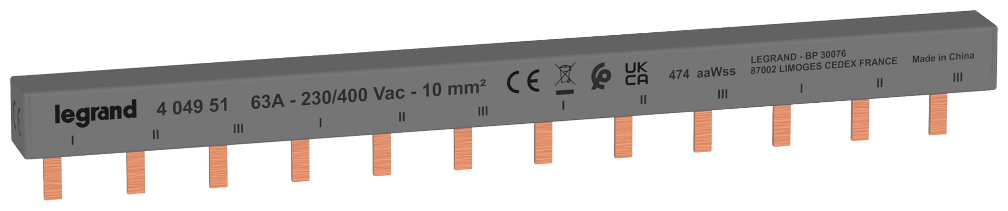 Kammschiene HX³standard 3P 3Ph Stift 10mm² 63A 213mm grau