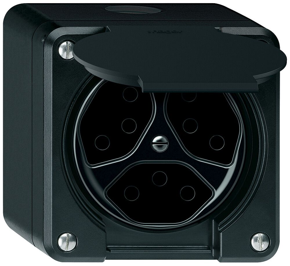 AP-Steckdose robusto 3×T13 10A 250V 86×86mm IP21 schwarz