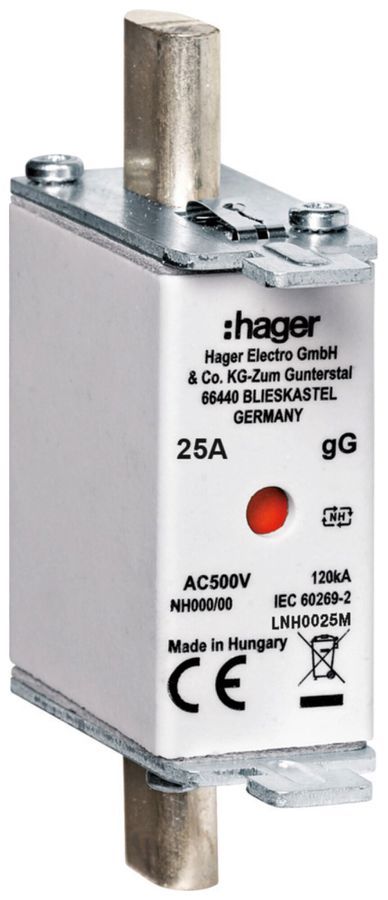 Fusible HPC Hager DIN000 500VAC 25A gG/gL avertisseur double antirouille