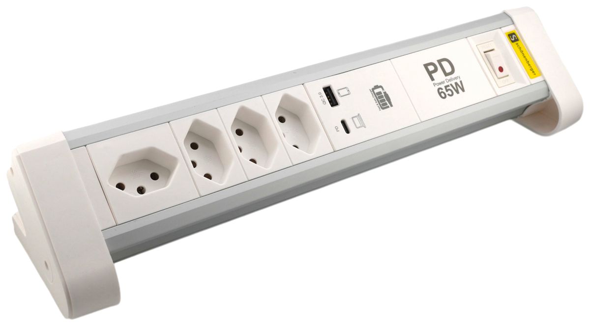 Prise multiple de table NOTEBOOK 4×T13/1×USB-A/1×USB-C 2m T12 blanc/aluminium