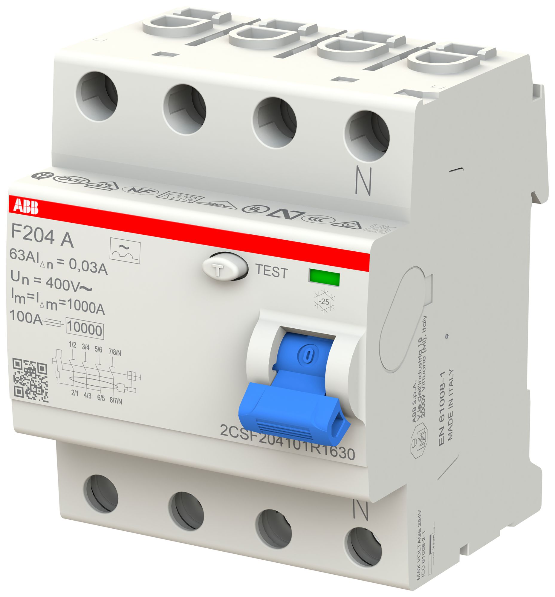 Interrupteur différentiel ABB 30mA 63A 3P+N F204A-63/0.03