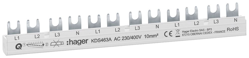 Kammschiene Hager QC 4P 3L Gabel 10mm² 63A 215×3mm L1L2L3N-L1L2L3N-L1L2L3N