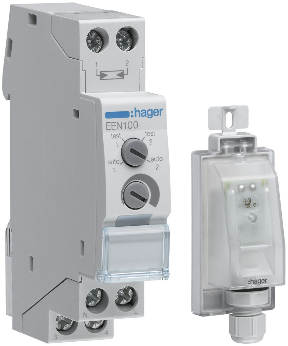 Interrupteur crépusculaire Hager 1 canal 1 fermeur 16A 1UM avec sonde apparente