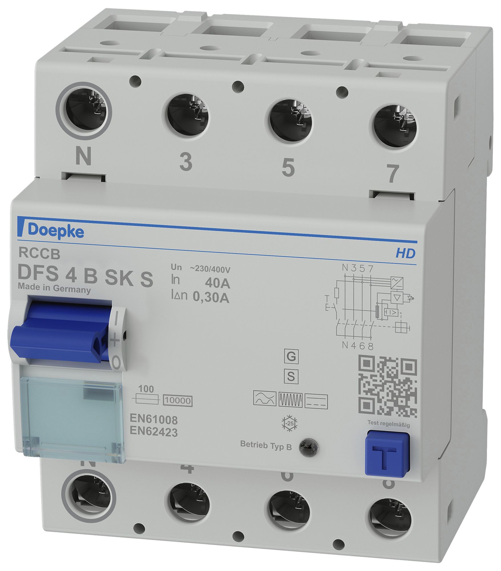 Interrupteur différentiel Doepke 40A 300mA audio RCCB type B, sélectif, N gauche