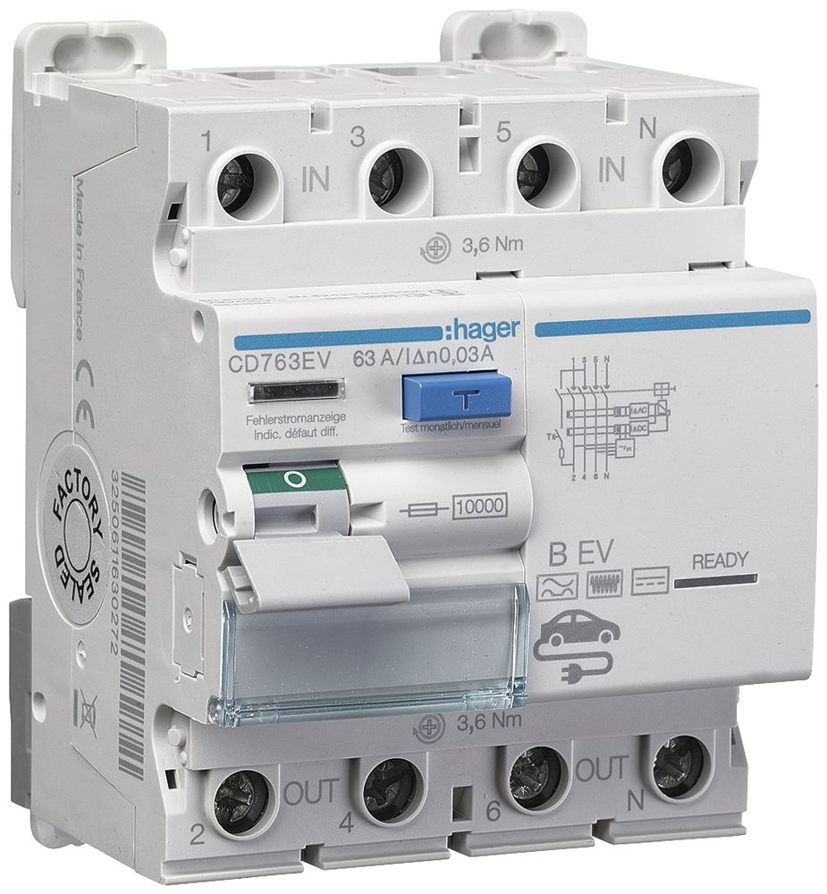 Interruttore differenziale Hager 3P+N 10kA 63A 30mA Typ B EV 4UM