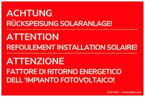 Warnaufkleber ACHTUNG Rückspeisung Solaranlage! 90×60mm selbstklebend rot D/F/I