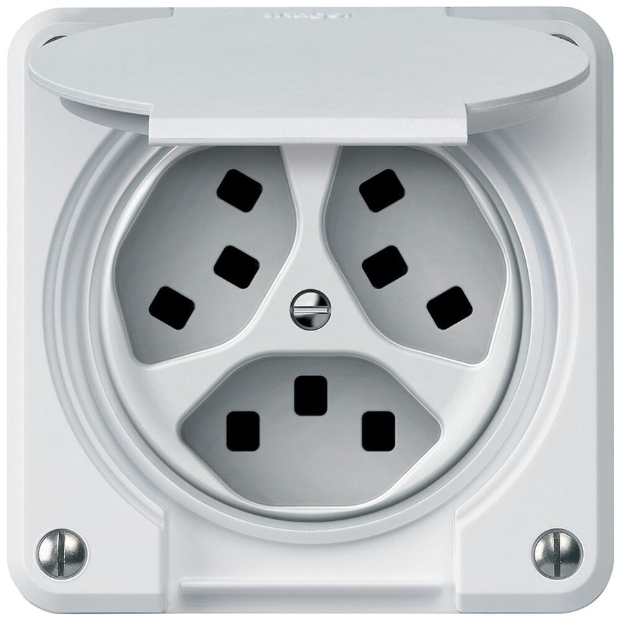 UP-Steckdose robusto 3×T23 16A 250V 86×86mm IP21 weiss