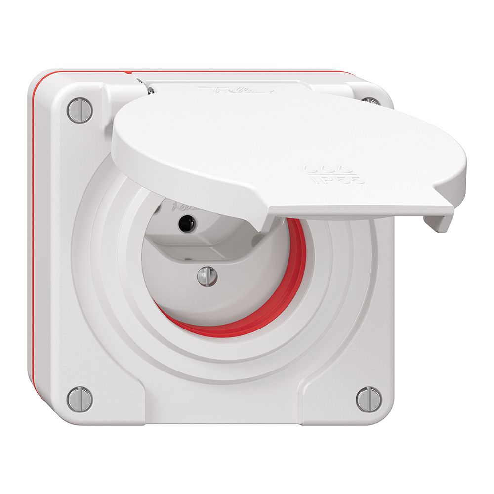 NUP-Steckdose NEVO, 1×T13, IP55 gemäss SN 441011, m.roter Dichtung, weiss