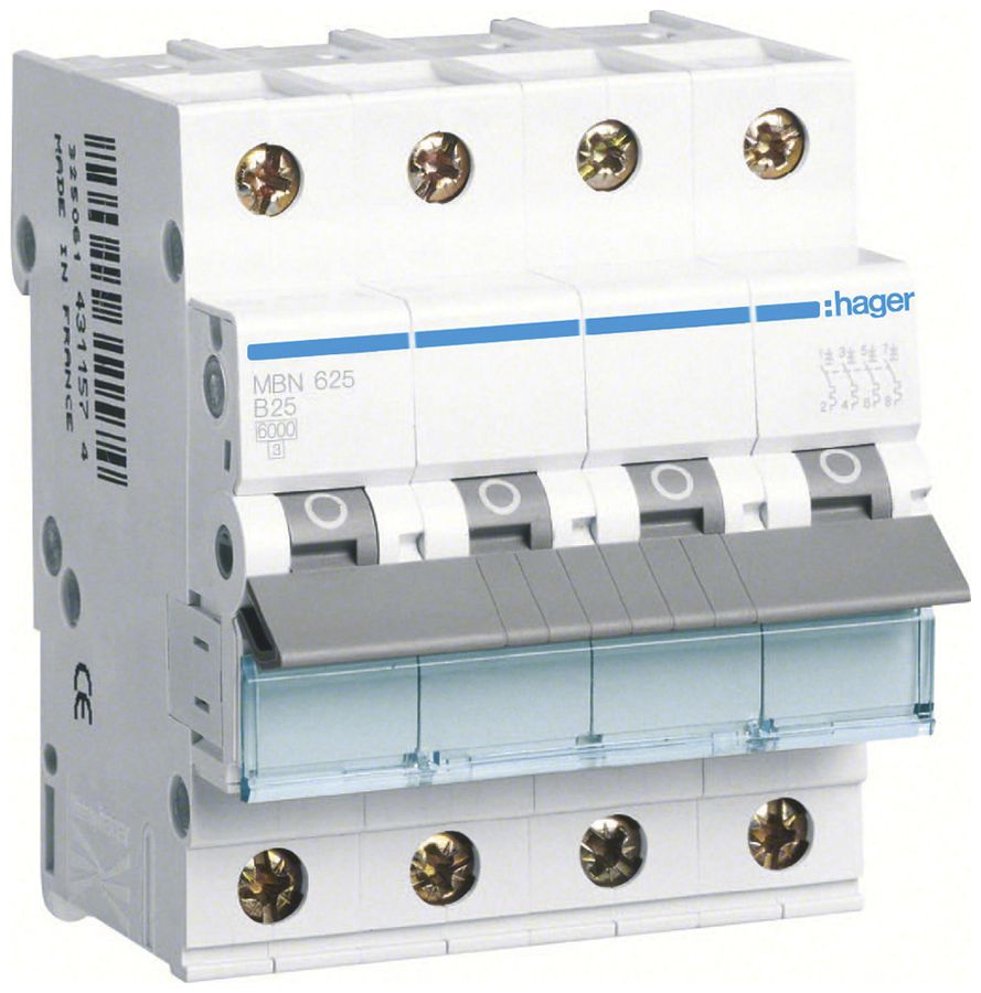Leitungsschutzschalter Hager MCB 4P 415V B 25A 6kA 10kA 4TE