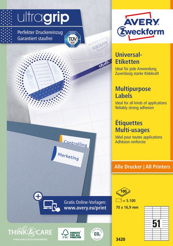 Etichette ultragrip 3420, 70.0 × 16.9 mm