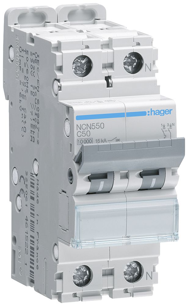 Leitungsschutzschalter Hager MCB 1P+N 415V Typ C 50A Icn 10kA Icu 15kA 2TE