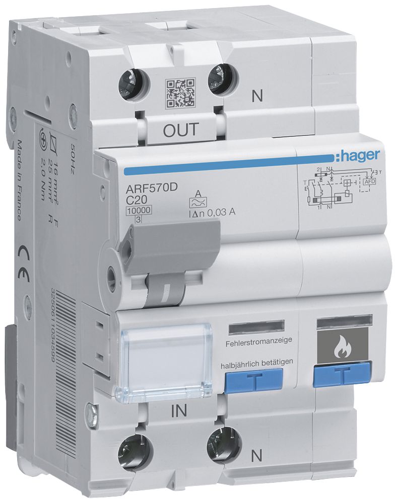Brandschutzschalter Hager AFDD+FI/LS-Schalter, 1P+N 10kA C20A 30mA Typ A