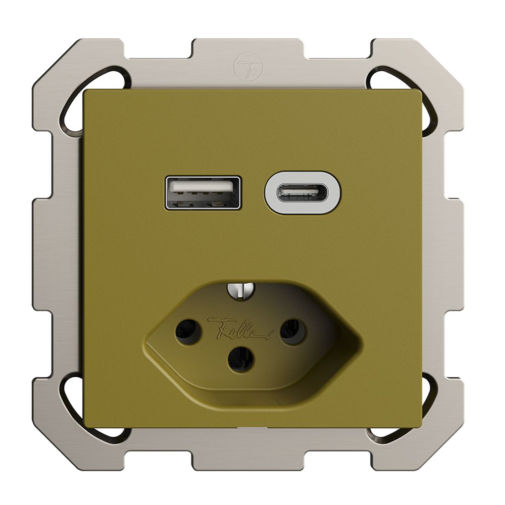Prise ENC USB type A+C + type 13 Feller EDIZIOdue FM 230V 3000mA olive
