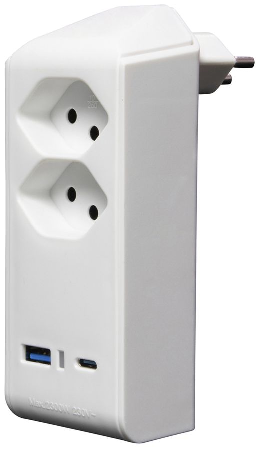 Fiche de dérivation cleverLINE 2×T13 1×USB-A 1×USB-C 300° sans suspension blanc