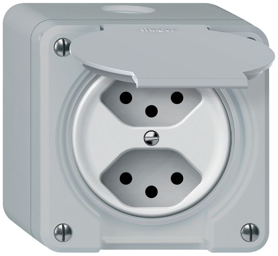 AP-Steckdose FI robusto 1×T23 30mA 16A 250V 86×86mm IP21 grau
