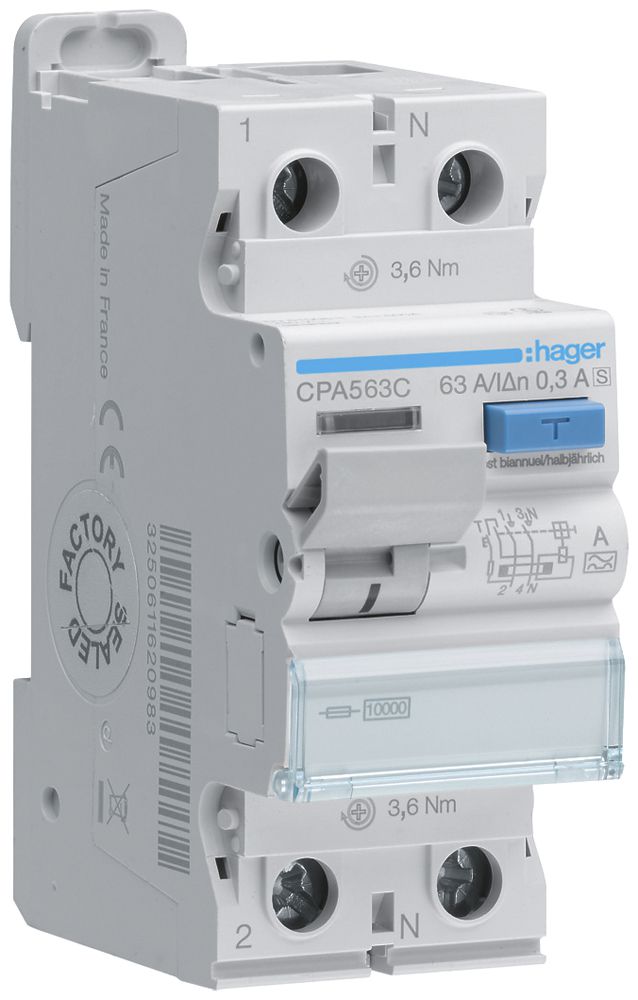 Interruttore differenziale Hager RCCB (RCD) 2P 230V 0.3A tipo A 63A 10kA 2UM