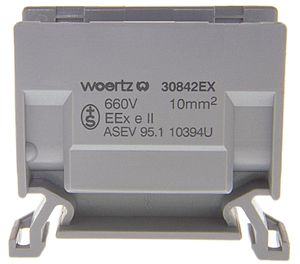 Borne de dérivation Woertz Ex 4…10mm² 57A 750V vis 2×1 rail DIN 35mm gris