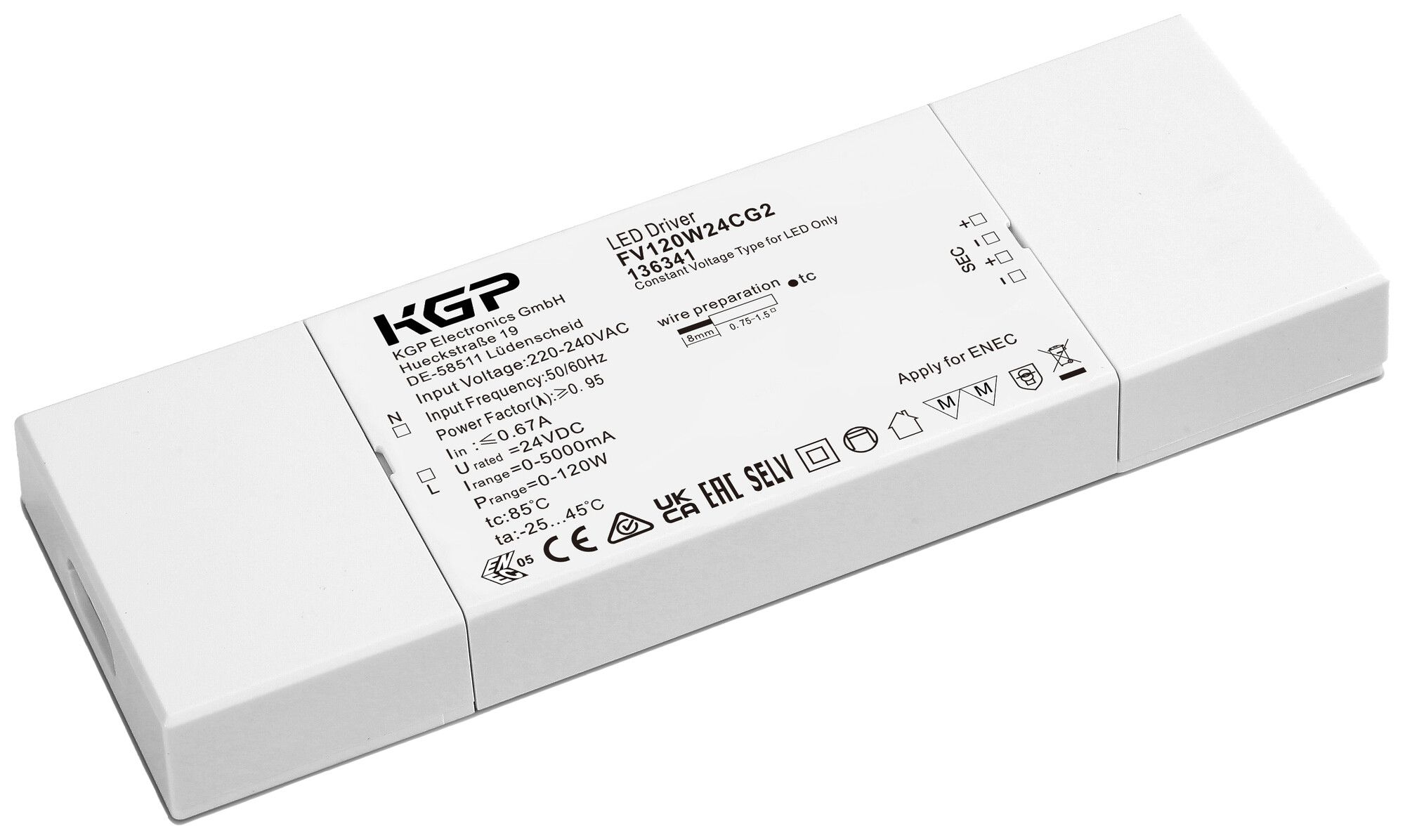 Alimentation LED KGP CV 0…120W OUT:24V 0…5000mA 1-10V 190×65×22mm