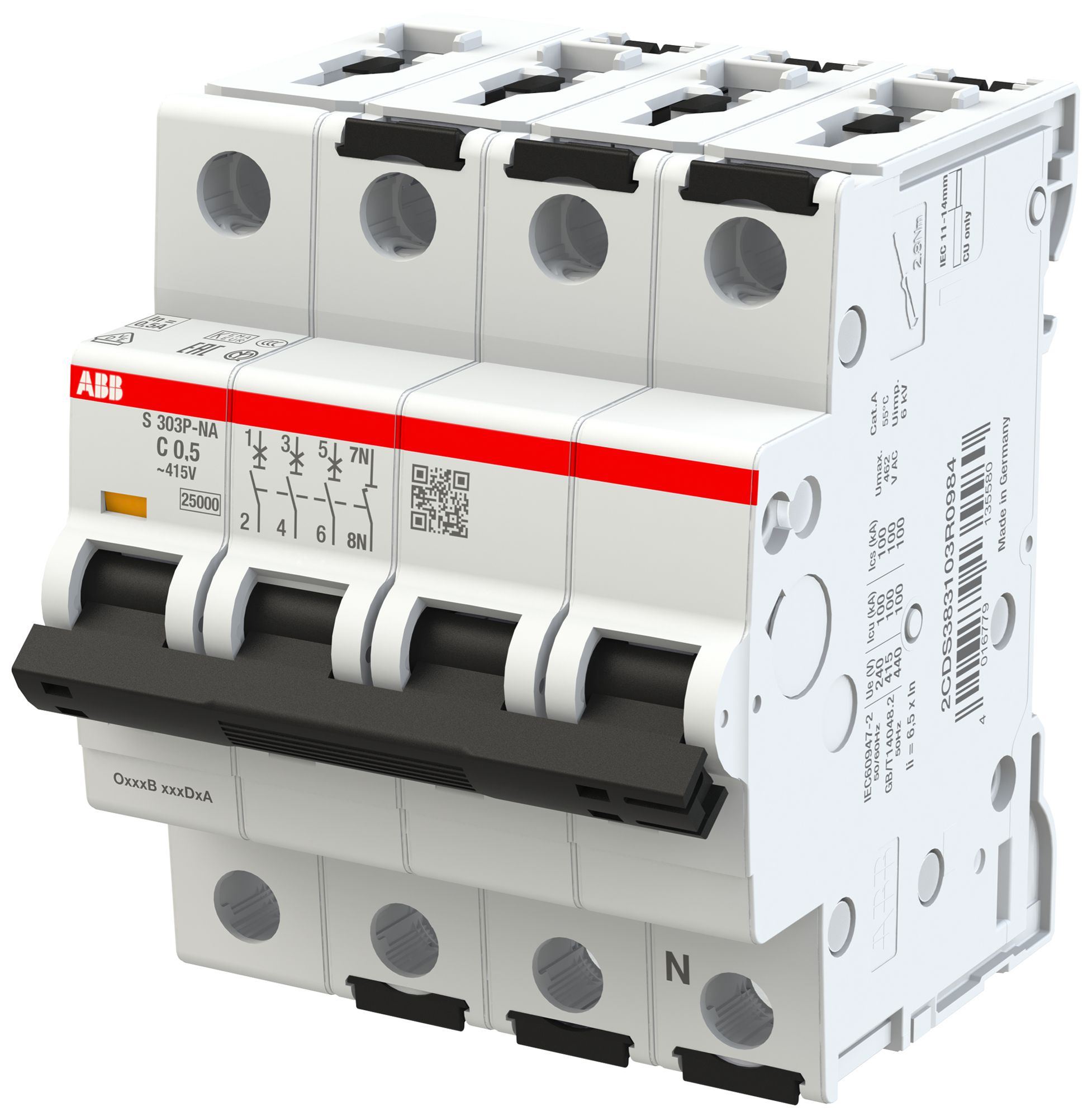 Leitungsschutzschalter ABB MCB S300P 3P+N 415V Typ C 0.5A Icn 25kA Icu 100kA 4TE
