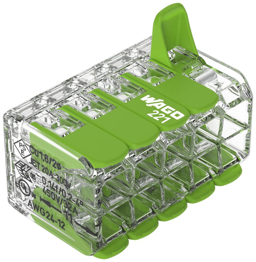 Borne de connexion WAGO Green Range 10L 0.2…4mm² avec levier vert transparent