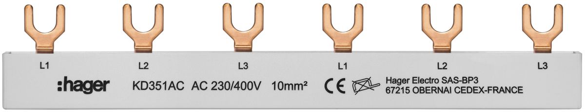Kammschiene Hager 3P 3L Gabel 10mm² 63A 157.5×9mm grau