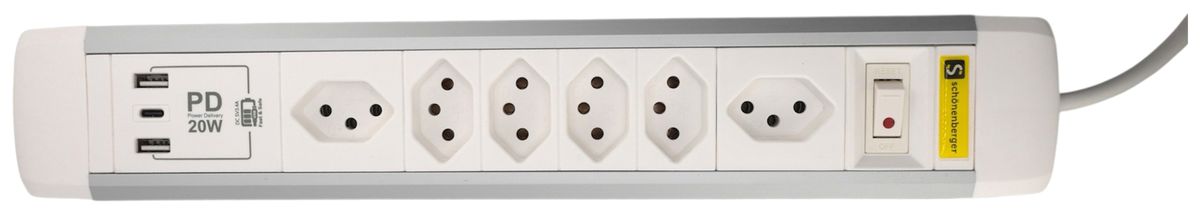 Prise multiple M. Schönenberger 10A interrupteur EN/HORS 6×T13 3×USB 2m bc/al