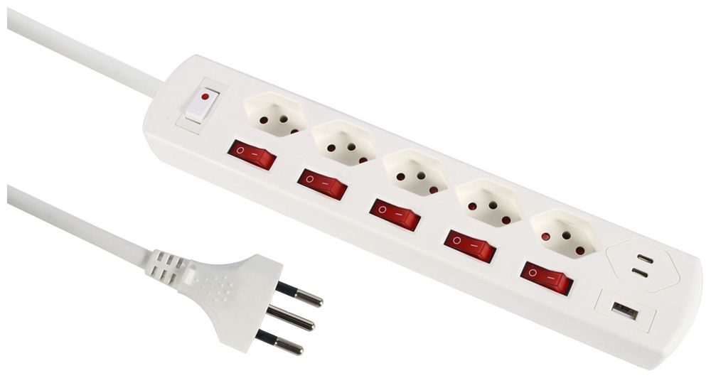 Presa multipla 10A con interruttore ACC/CHIUS 5×T13 1×USB-A 2×USB-C bianco