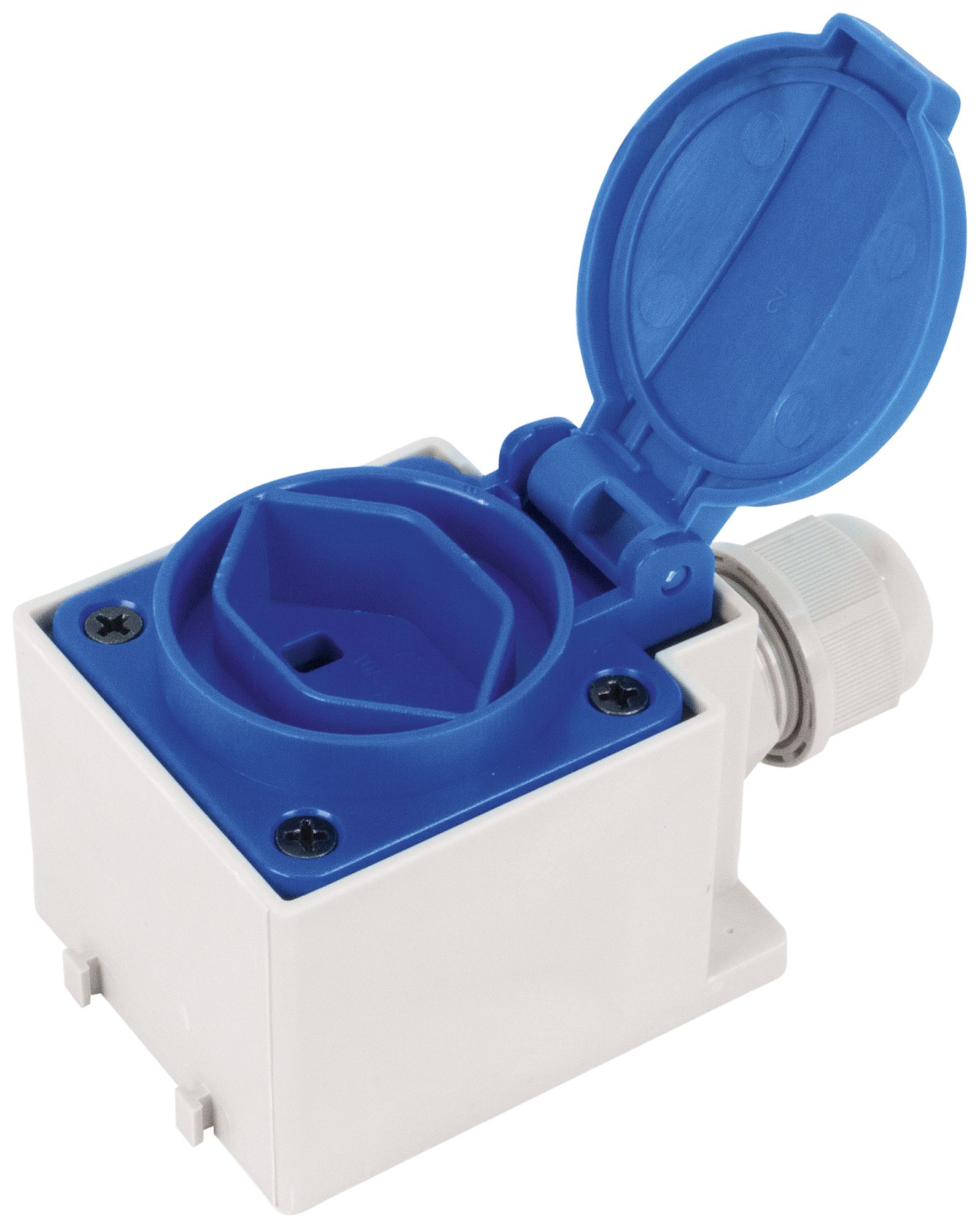 Prise AP Steffen 1×T23 1P 16A 250V IP20 couvercle bleu, blanc