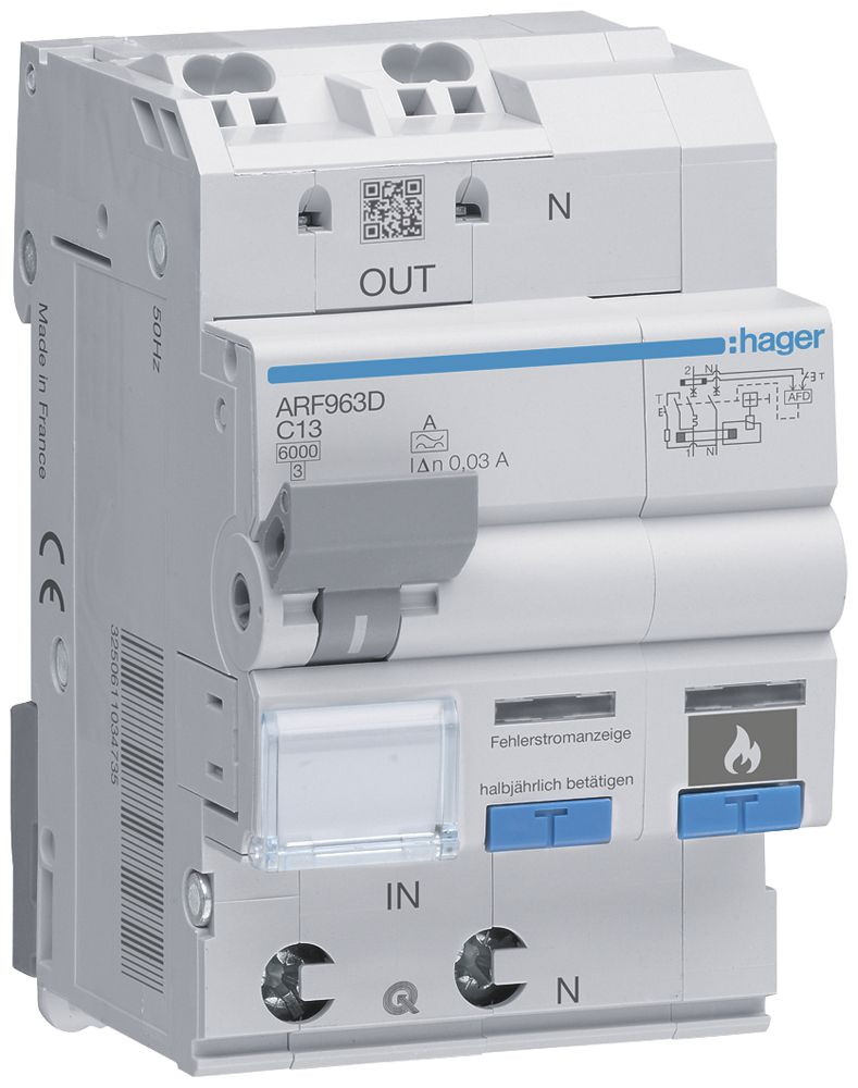Brandschutzschalter Hager AFDD+FI/LS-Schalter, 1P+N 6kA C13A 30mA Typ A