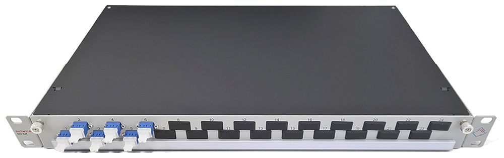 Spleissbox 19" Dätwyler OV-CH 6×LCD/PC blau OS2 versetzt 1HE Silber