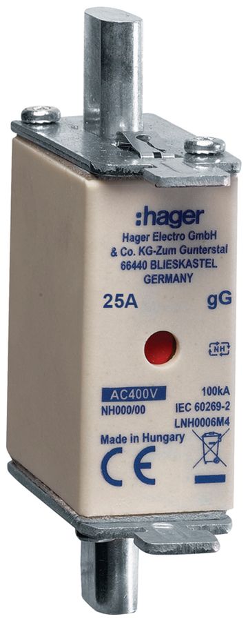 Fusible HPC Hager DIN000 400VAC 25A gG/gL avertisseur double antirouille