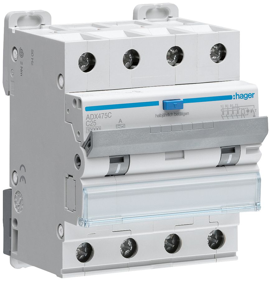 FI/LS-Schalter Hager RCBO 4P 400V Charakteristik C 25A 0.03A Typ A 10kA 4TE