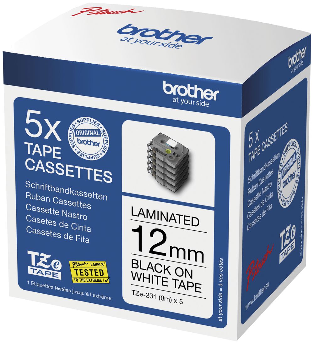Schriftbandkassetten Brother TZe-235M5 12mm×8m, weiss/schwarz, 5 Stück